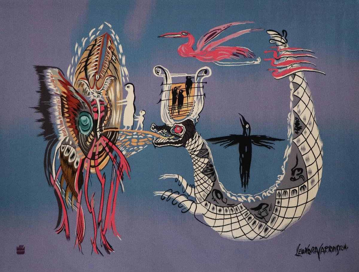 Created at the Instituto Nacional de Bellas Artes in Mexico City, the exhibition puts this wool tapestry on display in the UK for the first time. Leonora Carrington, Untitled, 1979. Wool tapestry, signed, 197 x 260 cm. Courtesy of the Leonora Carrington Council and rossogranada.