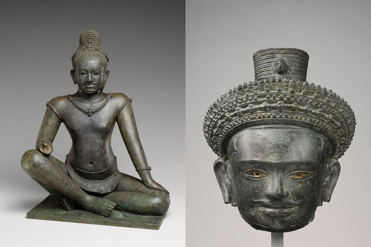 Two antiquities with ties to the late dealer Douglas Latchford—the Bodhisattva Avalokiteshvara Seated in Royal Ease from the tenth or eleventh century (left) and the Head of Avalokiteshvara, the Bodhisattva of Infinite Compassion from the tenth century (right)—will be repatriated by the Metropolitan Museum of Art Metropolitan Museum of Art
