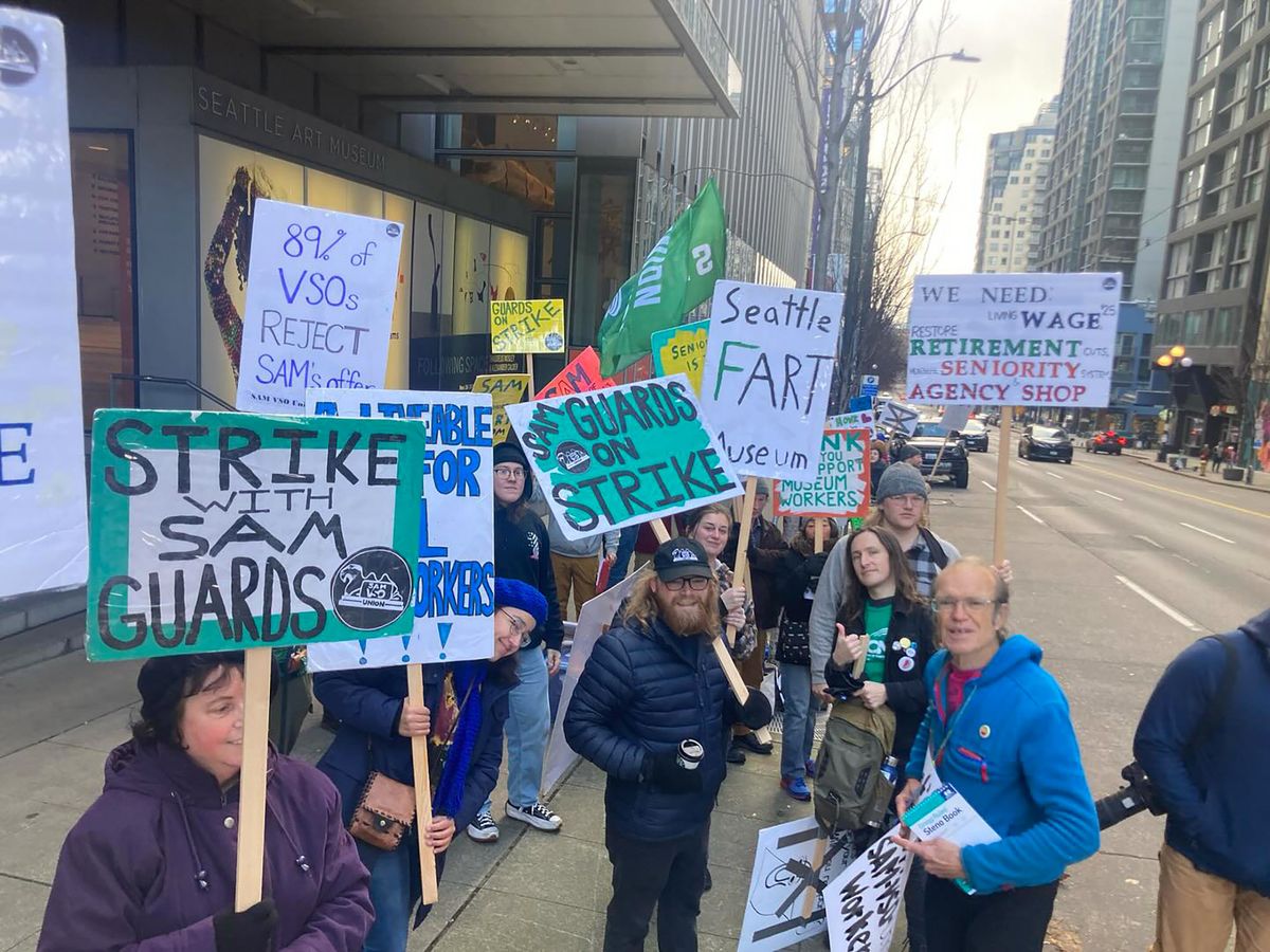 Unionised Visitor Service Officers (VSO) rally outside the Seattle Art Museum on the first day of an ongoing strike Photo courtesy Seattle Art Museum VSO Union, via Instagram