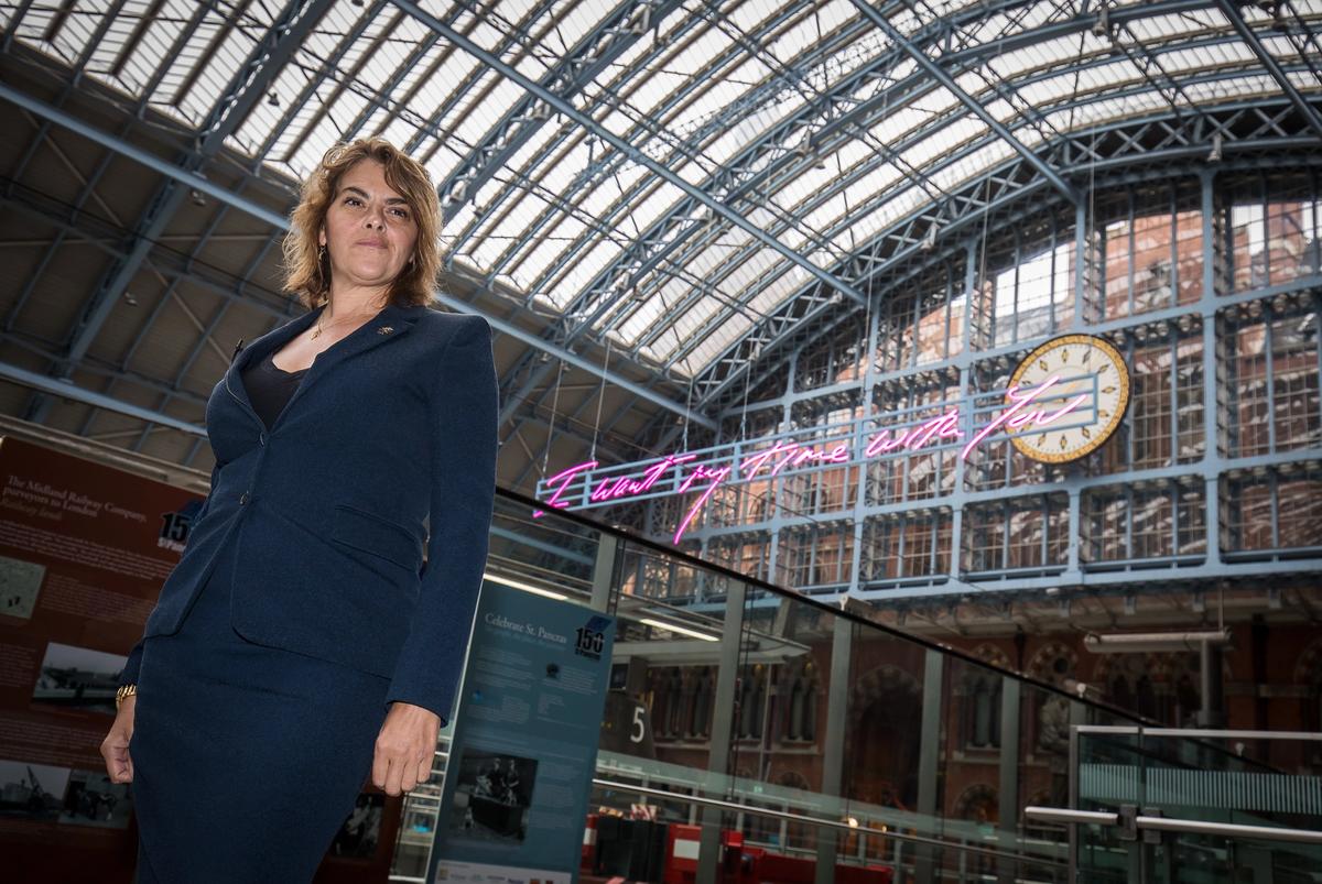 Tracey Emin with her new work I Want My Time With You (2018) at St Pancras International, London The artist, the Royal Academy of Arts and HS1 Ltd.
