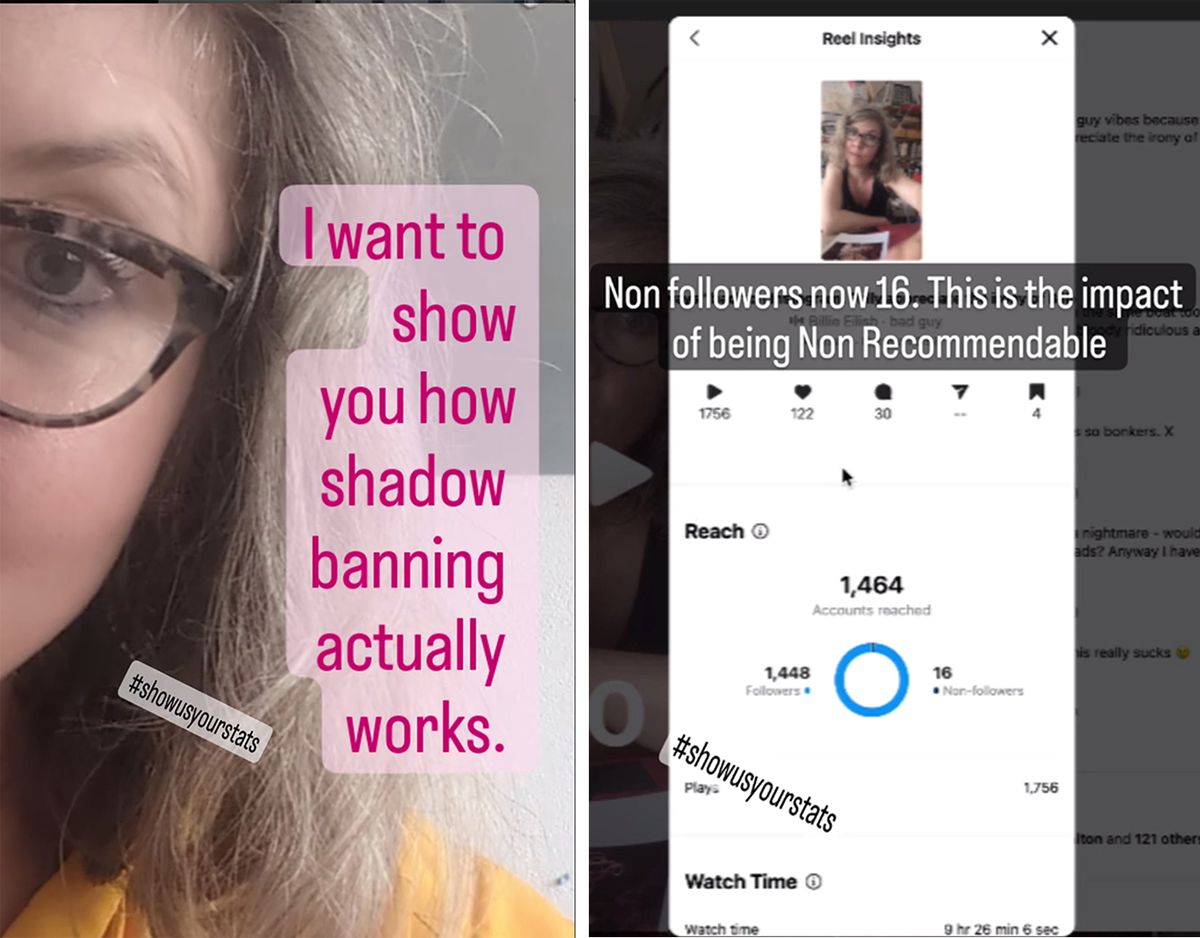 The artist Jessa Fairbrother has advocated for artists against shadow banning (left) and has used Instagram's professional settings to show how being "non-recommendable" has limited her account's visibility to non-followers Courtesy of Jess Fairbrother