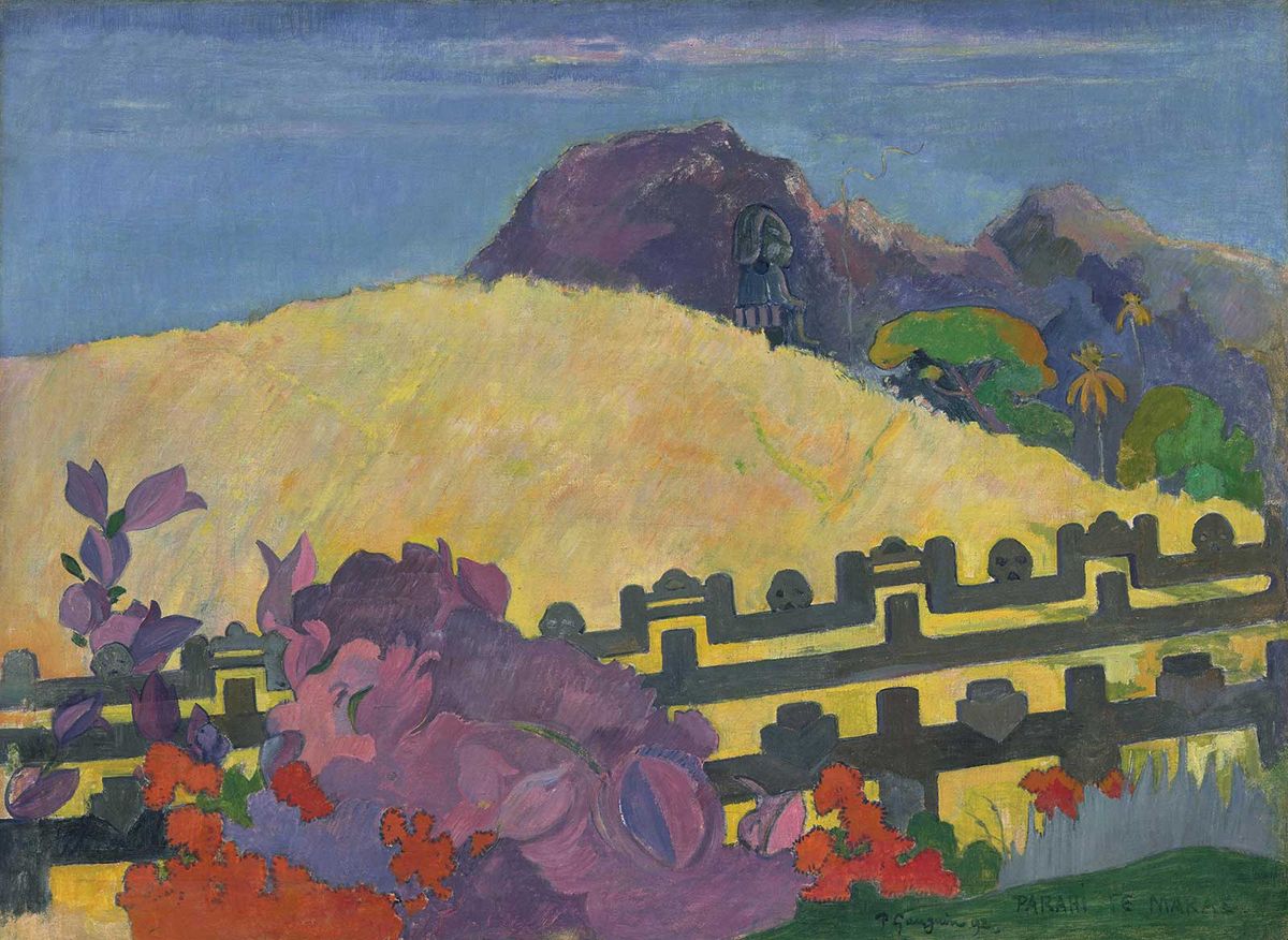 Paul Gauguin’s The Sacred Mountain (Parahi Te Marae) (1892) features a distinctive geometric motif that can be seen in Tahitian artefacts included in the show
Courtesy Philadelphia Museum of Art