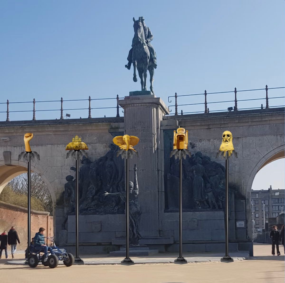 The symbols depicted on the masts include a clenched fist and the king’s severed head

Photo: Hew Locke / Instagram