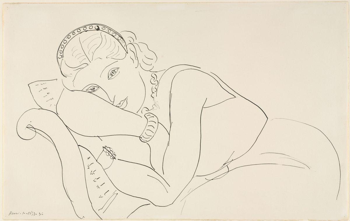 Henri Matisse, Resting Woman Wearing Tiara (1936) is part of the inaugural show of works on paper at the Baltimore Museum of Art's new Ruth R. Marder Center for Matisse Studies  Photo: Mitro Hood; courtesy of the Baltimore Museum of Art; © 2021 Succession H. Matisse/Artists Rights Society (ARS), New York