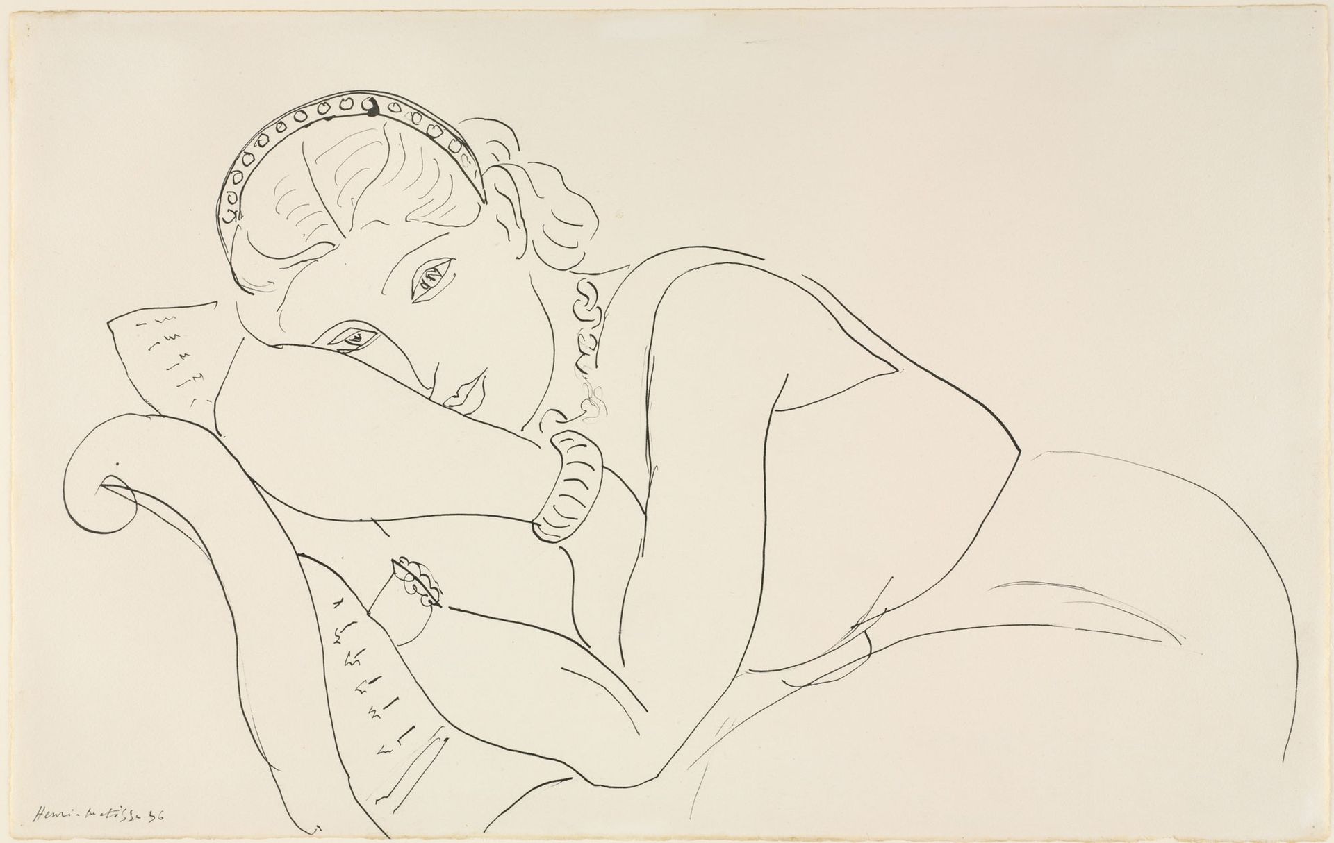 Henri Matisse, Resting Woman Wearing Tiara (1936) is part of the inaugural show of works on paper at the Baltimore Museum of Art's new Ruth R. Marder Center for Matisse Studies  Photo: Mitro Hood; courtesy of the Baltimore Museum of Art; © 2021 Succession H. Matisse/Artists Rights Society (ARS), New York

