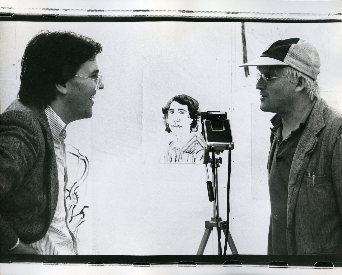 LA Louver founder Peter Goulds (left) and David Hockney (right) in 1979 Photo: Sidney Felsen. © David Hockney. Courtesy of LA Louver, Venice, California