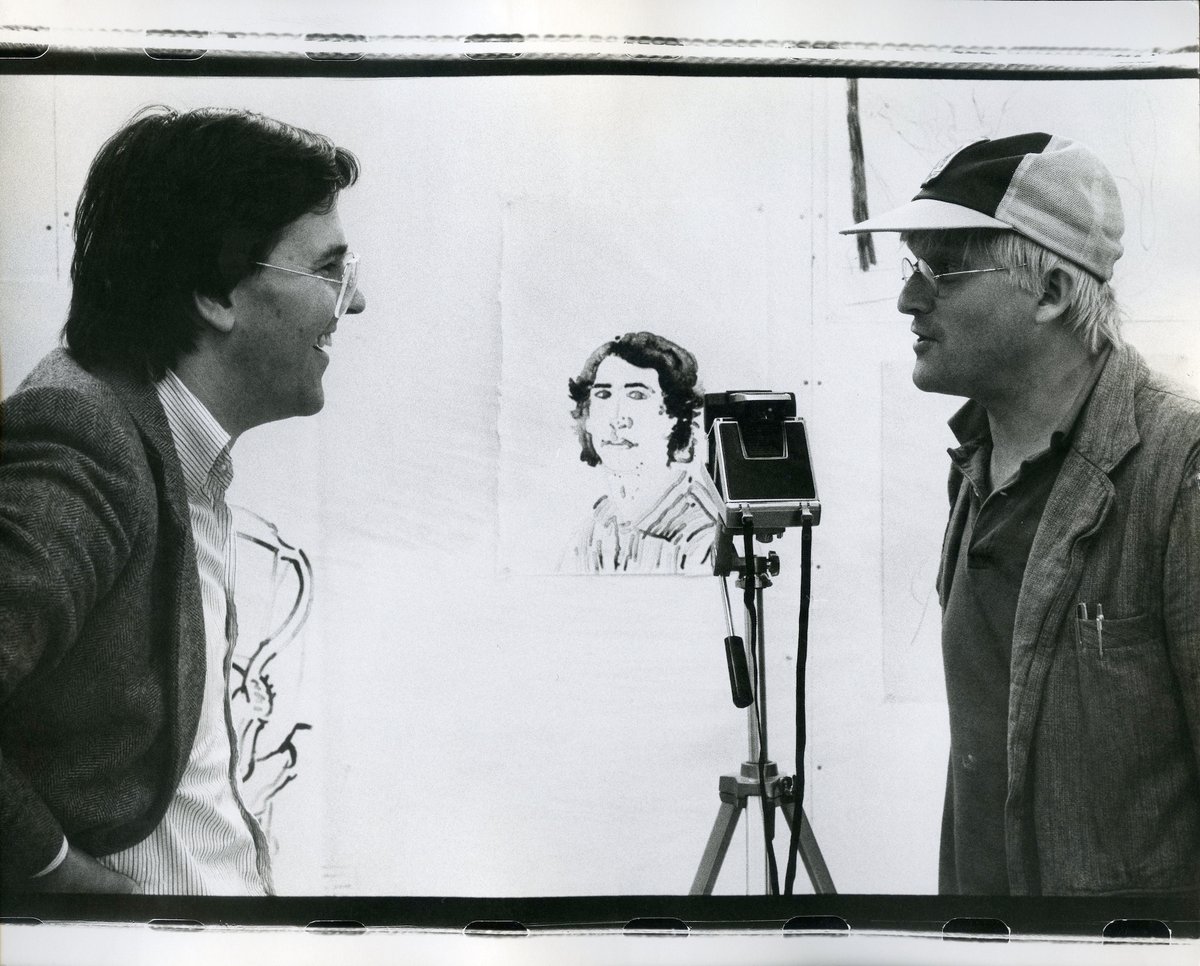 LA Louver founder Peter Goulds (left) and David Hockney (right) in 1979 Photo: Sidney Felsen. © David Hockney. Courtesy of LA Louver, Venice, California