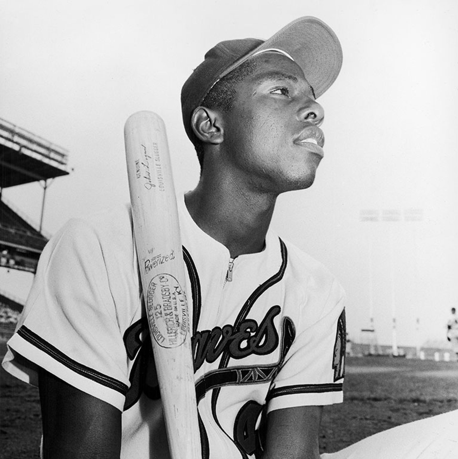 Hank Aaron at bat for the Milwaukee Braves in an undated photo David Jackson/Johnson Publishing Company