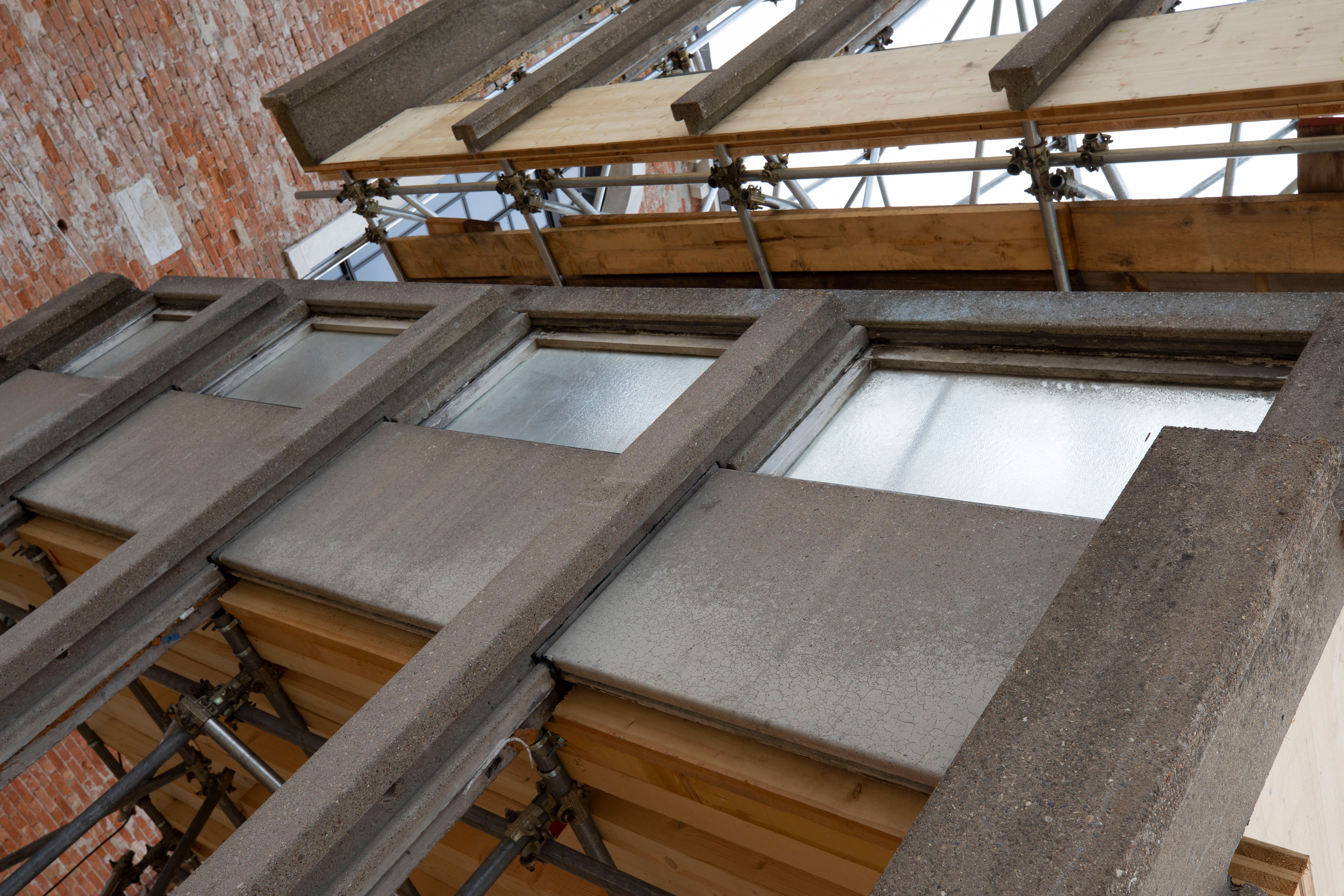 Close-up of the reassembled fragment of the façade of Robin Hood Gardens, Pavilion of Applied Arts, at the Venice Architecture Biennale Victoria and Albert Musuem, London