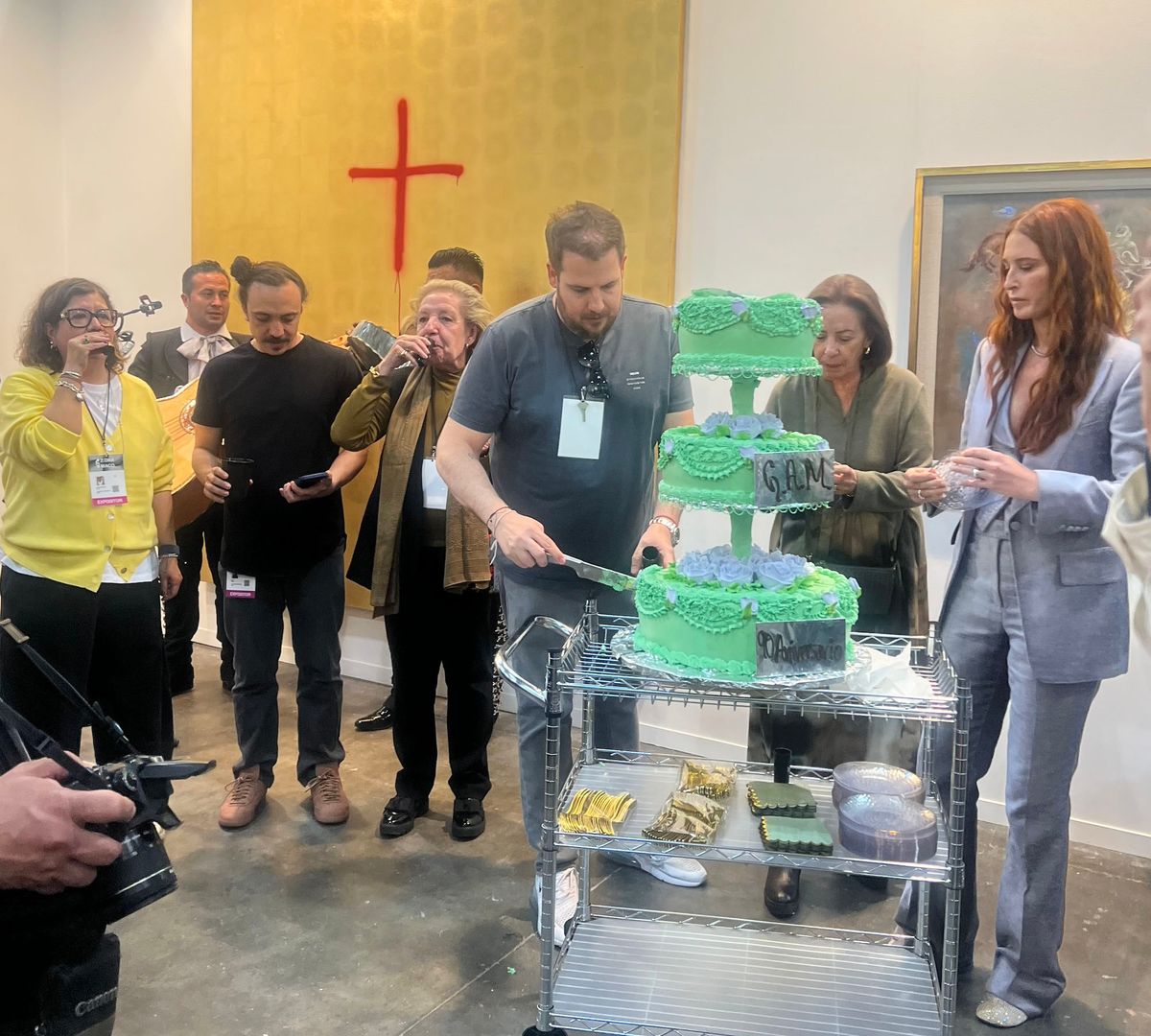 Members of the Galería de Arte Mexicano team and Zona Maco founder Zélika García (far right) celebrate the gallery's 90th anniversary during the fair's VIP day on 5 February Constanza Ontiveros Valdés