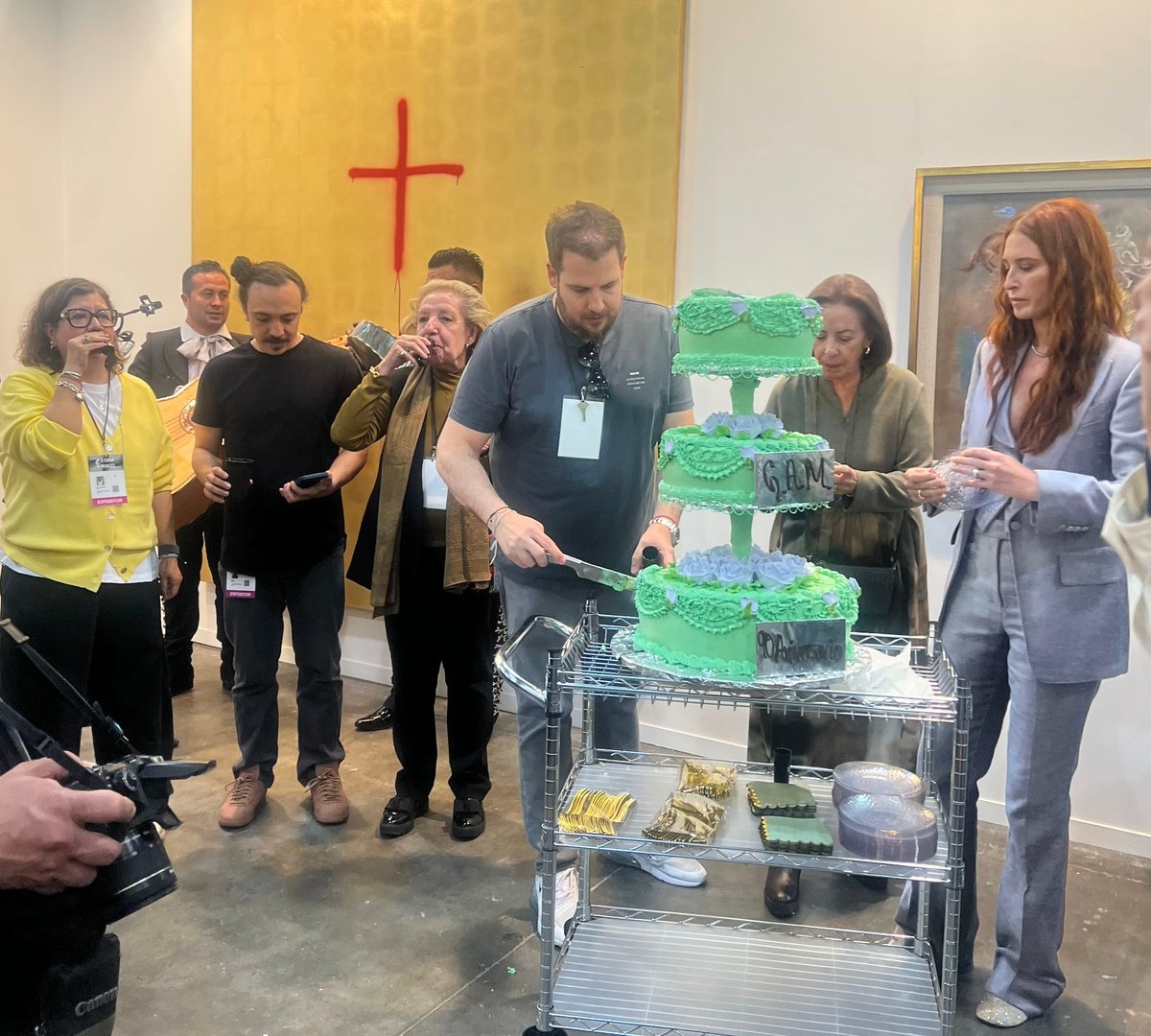 Members of the Galería de Arte Mexicano team and Zona Maco founder Zélika García (far right) celebrate the gallery's 90th anniversary during the fair's VIP day on 5 February Constanza Ontiveros Valdés