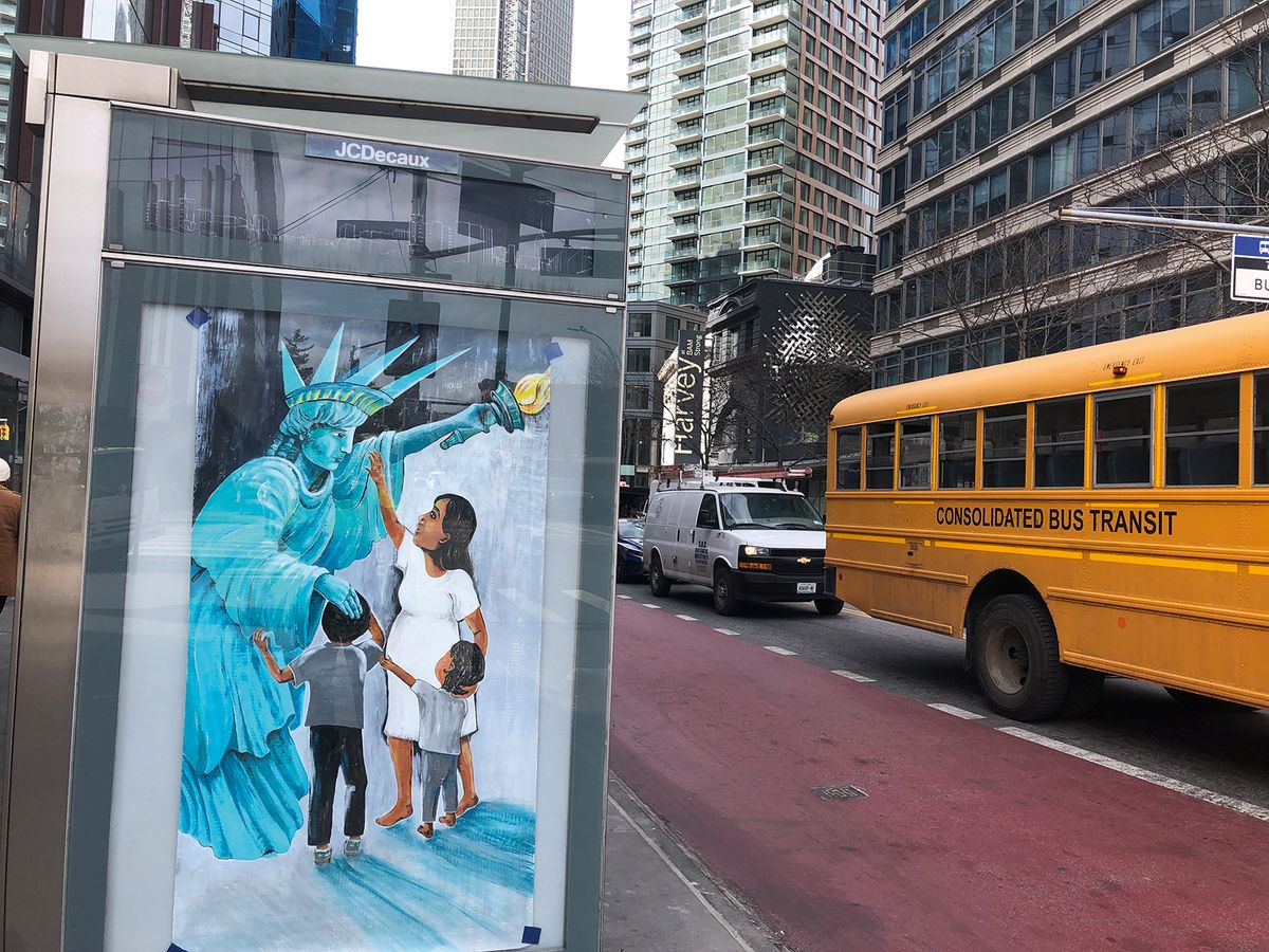 The Artists’ Rapid Response Team has taken over New York bus shelters, including on Brooklyn’s Fulton Street
Photo: courtesy Artists’ Rapid Response Team