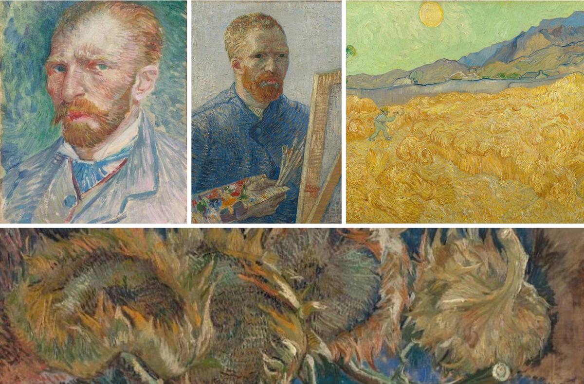 Left to right: Van Gogh’s Self-portrait (April-June 1887), Van Gogh’s Self-portrait as a Painter (December 1887-February 1888), Van Gogh’s Wheatfield with Reaper (September 1889) and Van Gogh’s Four Sunflowers Gone to Seed (October 1887)
Kröller-Müller Museum, Otterlo; Van Gogh Museum, Amsterdam (Vincent van Gogh Foundation); Van Gogh Museum, Amsterdam (Vincent van Gogh Foundation); Kröller-Müller Museum, Otterlo