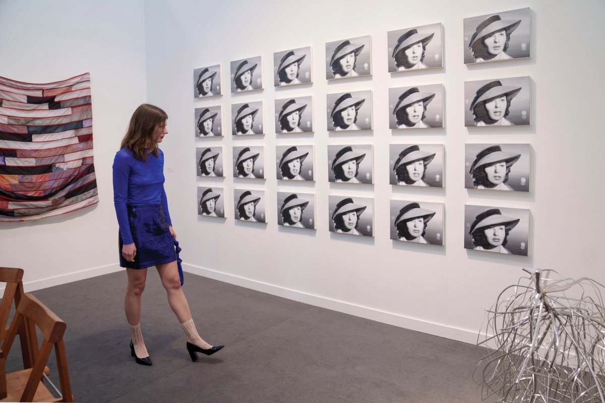 Cynthia Daignault’s God Bless You (2024)—a grid of 24 paintings—sold for $120,000 at Night Gallery Eric Thayer