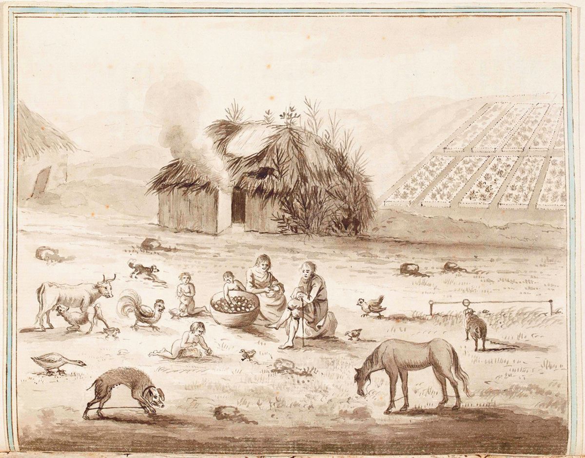 A pen-and ink-drawing from the 1770s of a tenant farming family and their “Irish Cabbin”, revealing the gulf between rich and poor in 18th-century Ireland Courtesy of the National Library of Ireland