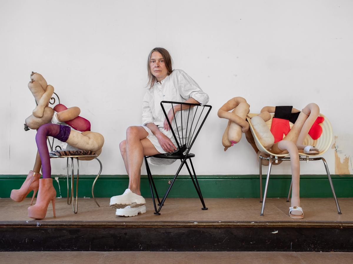 Sarah Lucas in her studio in Framlingham, Suffolk, in 2023
Photo: Katie Morrison; © Sarah Lucas, courtesy of Sadie Coles HQ, London