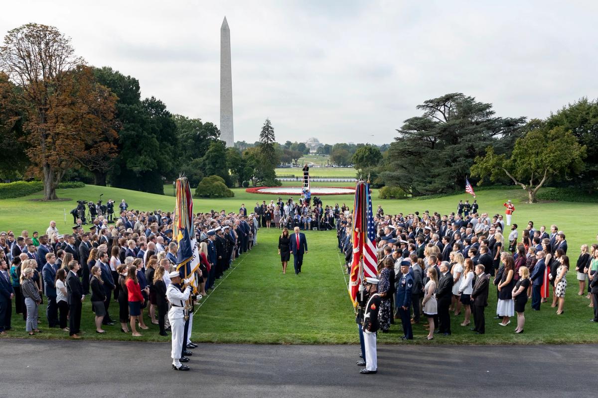 President Donald J. Trump and First Lady Melania Trump depart the South Lawn of the White House on 11 September 2019 Official White House Photo by Carlos Fyfe, via Flickr