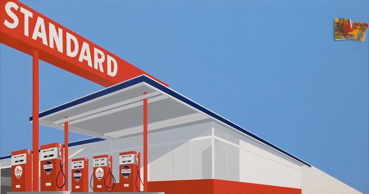 Ed Ruscha, Standard Station, Ten-Cent Western Being Torn in Half, 1964. Private Collection, Fort Worth. © Edward Ruscha, photo © Evie Marie Bishop, courtesy of the Modern Art Museum of Fort Worth.