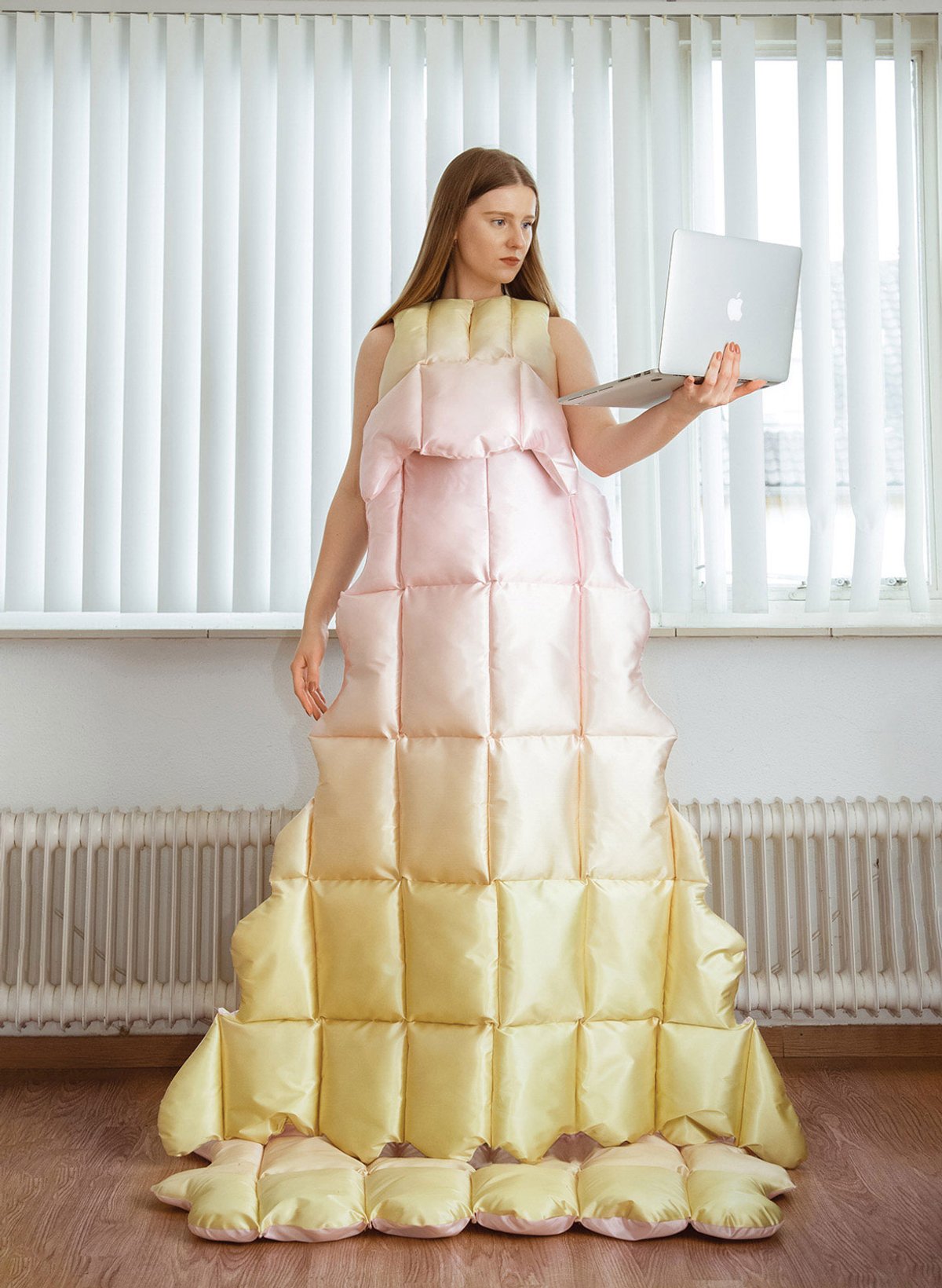 Rapid response: Santa Kupča’s duvet dress was part of the Victoria and Albert Museum and the Royal College of Art’s Design in Quarantine project Stuck-at-Home Masquerade - Dolce far niente. Photo: Lucas de Ruiter