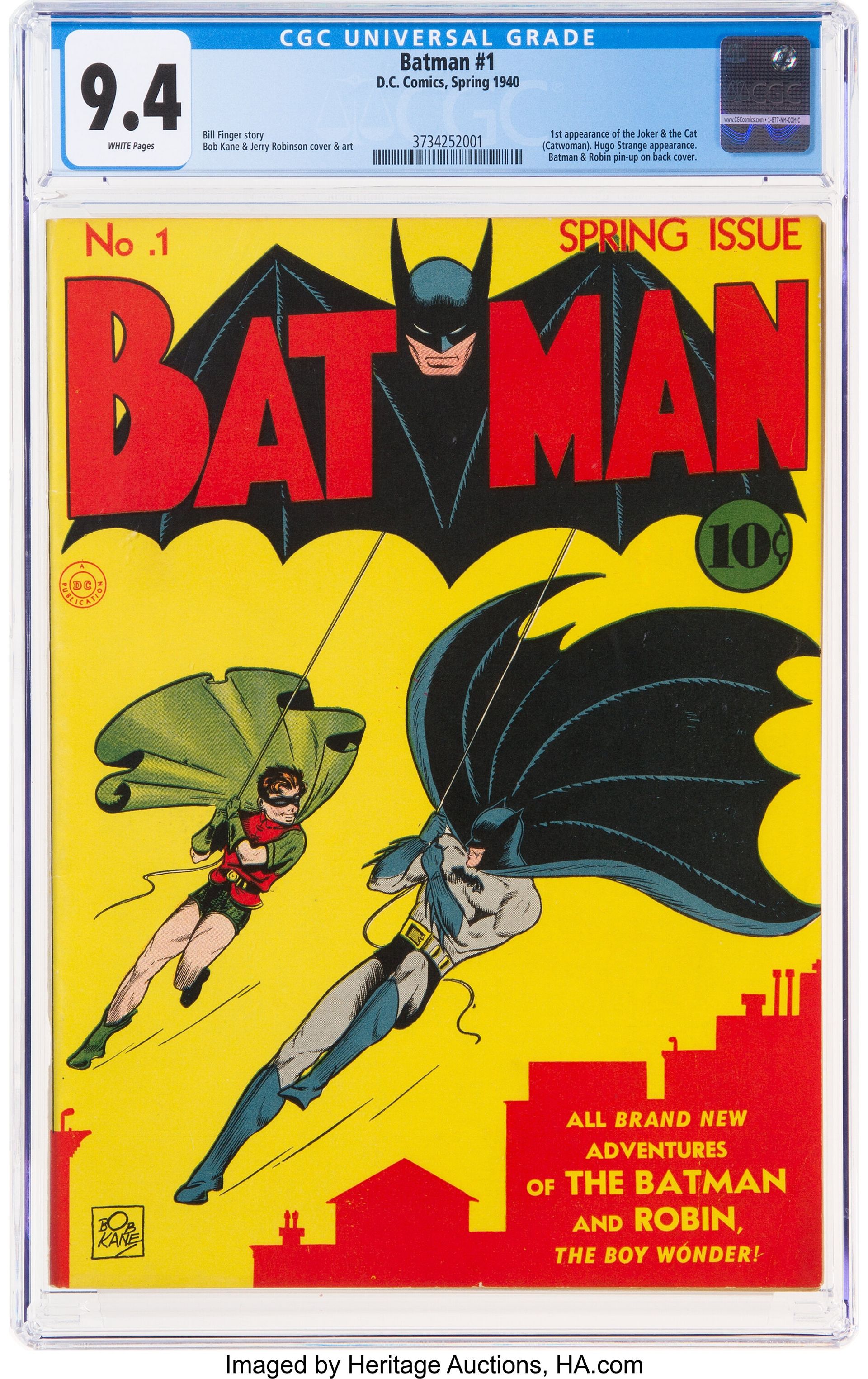 蝙蝠侠I号拷贝(1940年)由Bill Finger编写并由Bob Kane绘制,由Jerry Robinson和SheldonMoldoff提供艺术帮助,在遗产拍卖市售出222万元