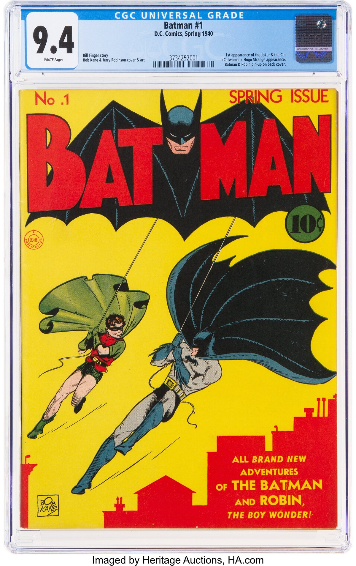 This copy of Batman #1 (1940), written by Bill Finger and drawn by Bob Kane, with art assistance from Jerry Robinson and Sheldon Moldoff, sold for $2.22m at Heritage Auctions