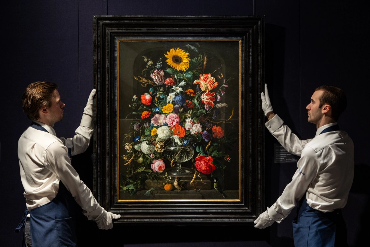 Jan Davidsz de Heem, Still Life of Roses, Tulips, Lilies, Poppies, Honeysuckle, a Sunflower, an Iris, and Other Flowers in a Glass Vase with Two Birds, a Grasshopper, and a Snail (1674)