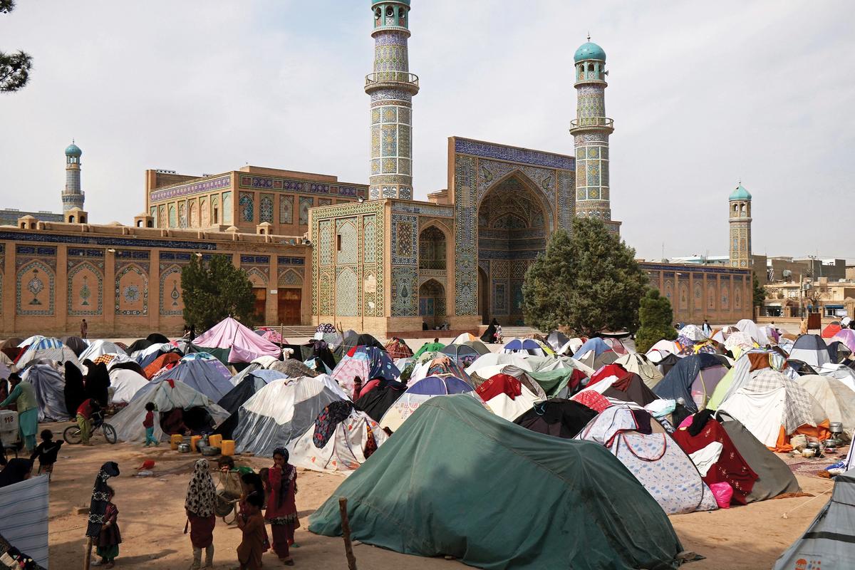 Makeshift shelters outside the Masjid-i Jami Mosque in Herat following earthquakes last month Mohsen Karimi/AFP via Getty Images