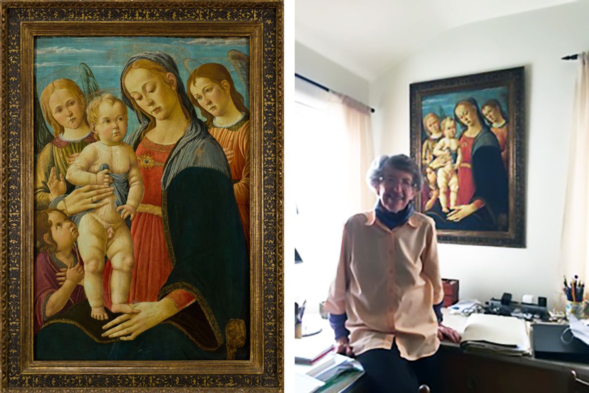 Left, Jacopo del Sellaio's Madonna and Child with the Young St John and Two Angels (1480-85); and right, Grete Unger Heinz with a photographic copy of the painting provided by Castello di Rivoli in her bedroom in Carmel, California, 2020 Del Sellaio photo: © Alessandro Fiamingo, courtesy of the Castello di Rivoli Museo d’Arte Contemporanea, Rivoli-Turin. Heinz photo: © Grete Heinz, courtesy of the Castello di Rivoli Museo d’Arte Contemporanea, Rivoli-Turin