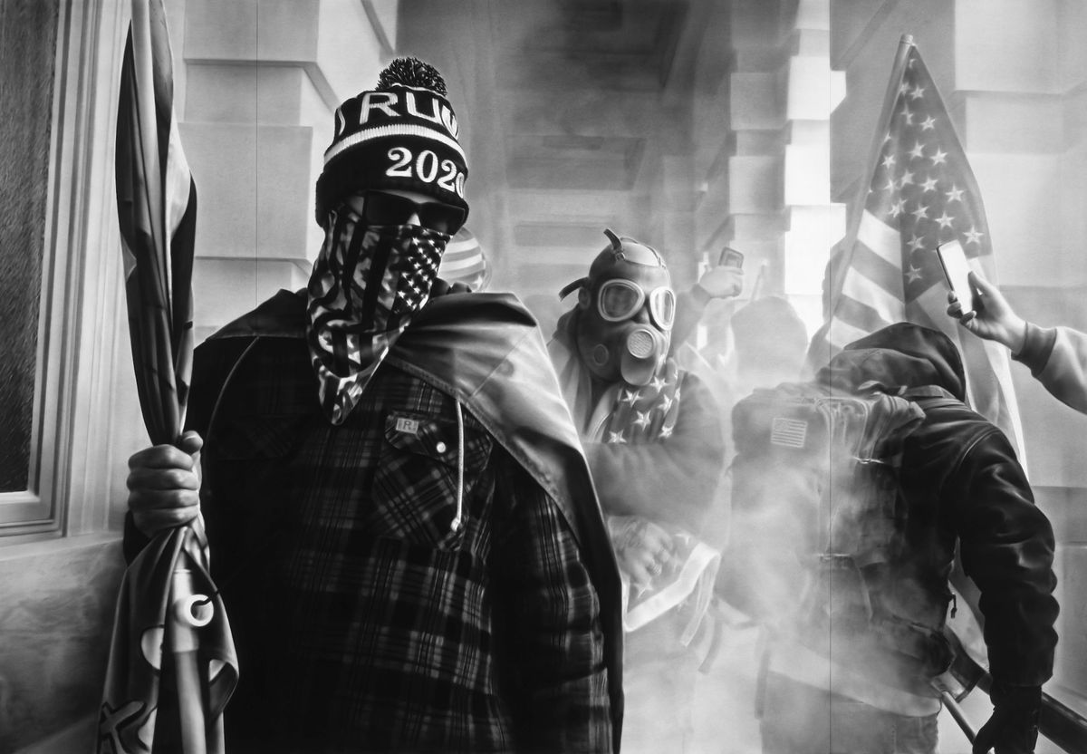 Robert Longo's Untitled (Insurrection at the U.S. Capitol; January 6th, 2021; Based on a photograph by Mark Peterson) (2021)
Courtesy the artist



