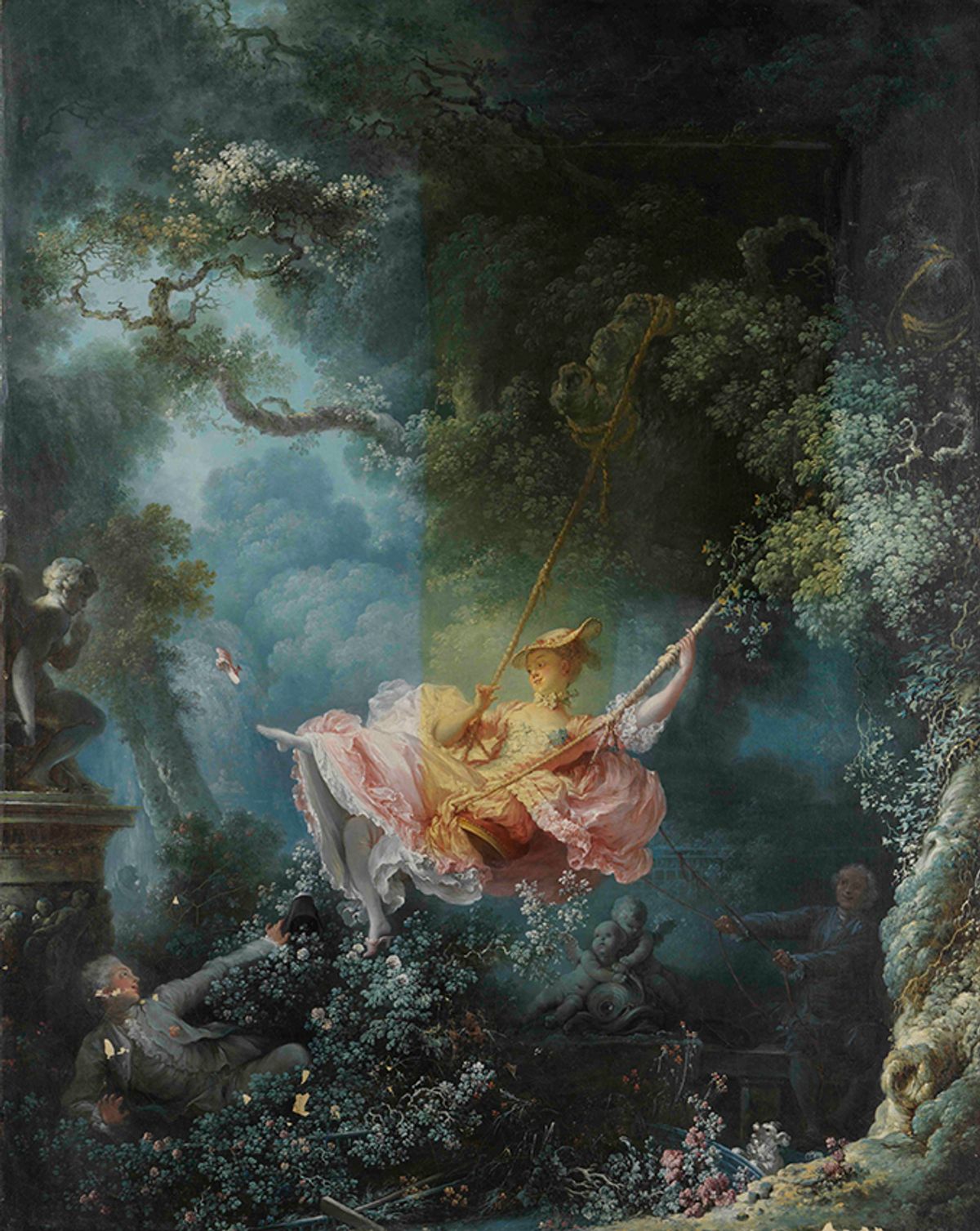 Jean-Honoré Fragonard’s The Swing (around 1768), with the conservation nearly complete (with a vertical strip of old varnish in the centre and some minor losses awaiting retouching) © Wallace Collection, London