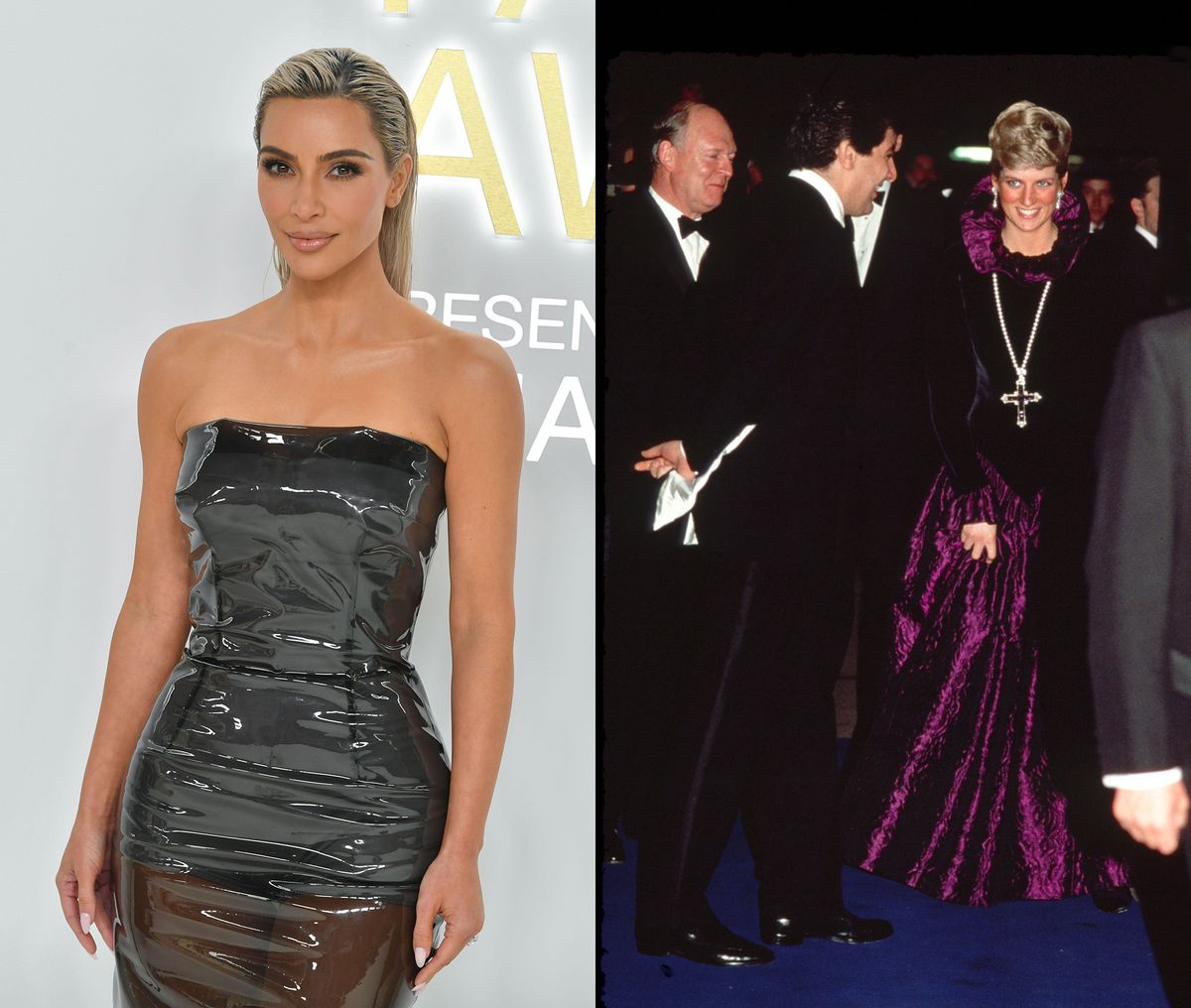 Kim Kardashian (left) at the CFDA Fashion Awards in November 2022, and Princess Diana (right) wearing the Attallah cross at the Birthright charity gala in 1987 Kardashian photo: Erik Pendzich / Alamy Stock Photo. Diana photo courtesy Sotheby's