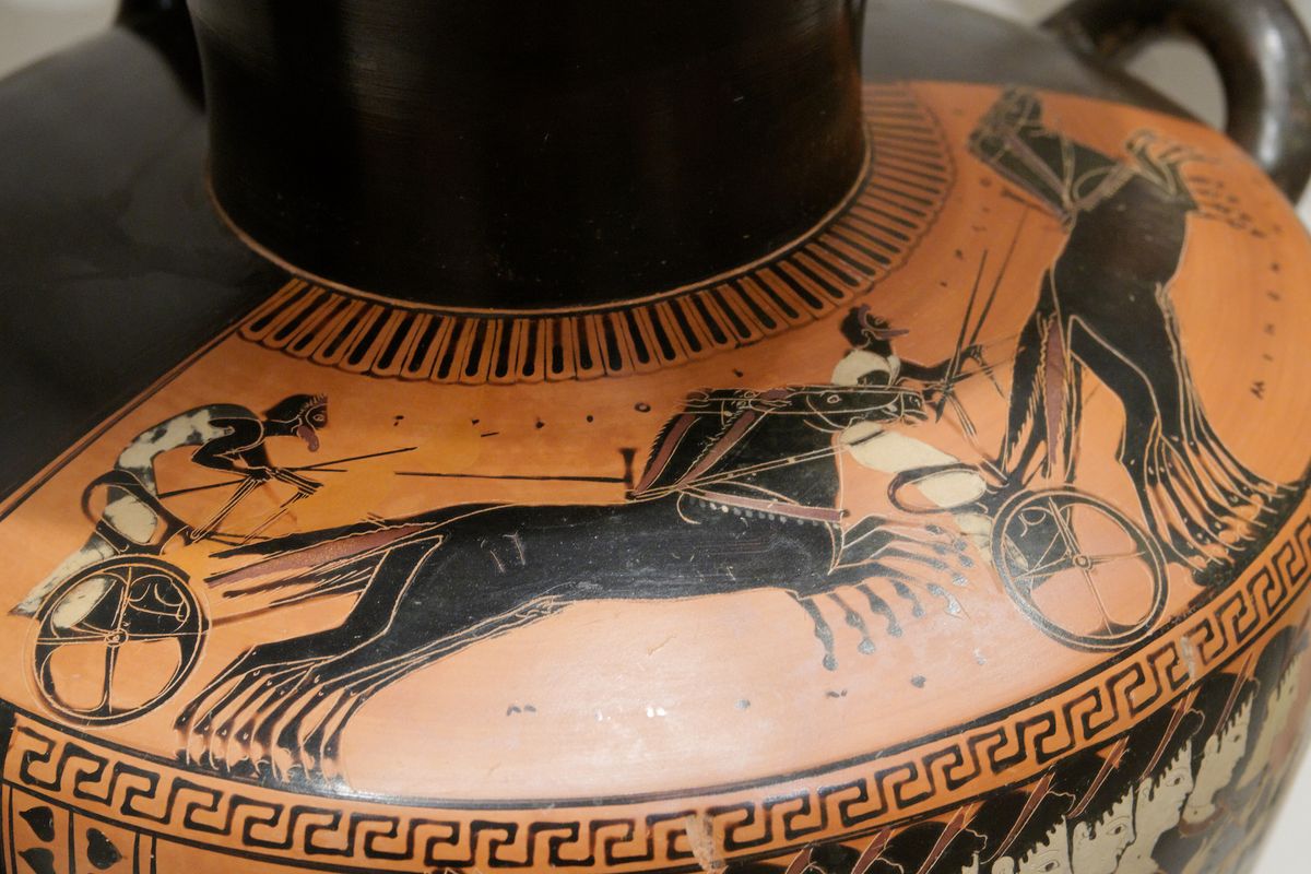 Detail of the black-figure hydria attributed to the Priam Painter, recently on view at the Metropolitan Museum Photo by Marie-Lan Nguyen, via Wikimedia Commons