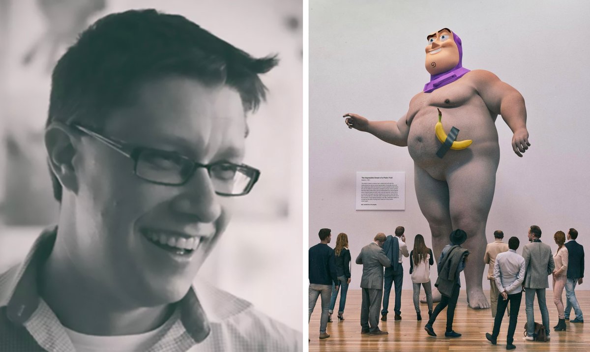 Beeple (left) and one of his NFT works (right) Courtesy of the artist