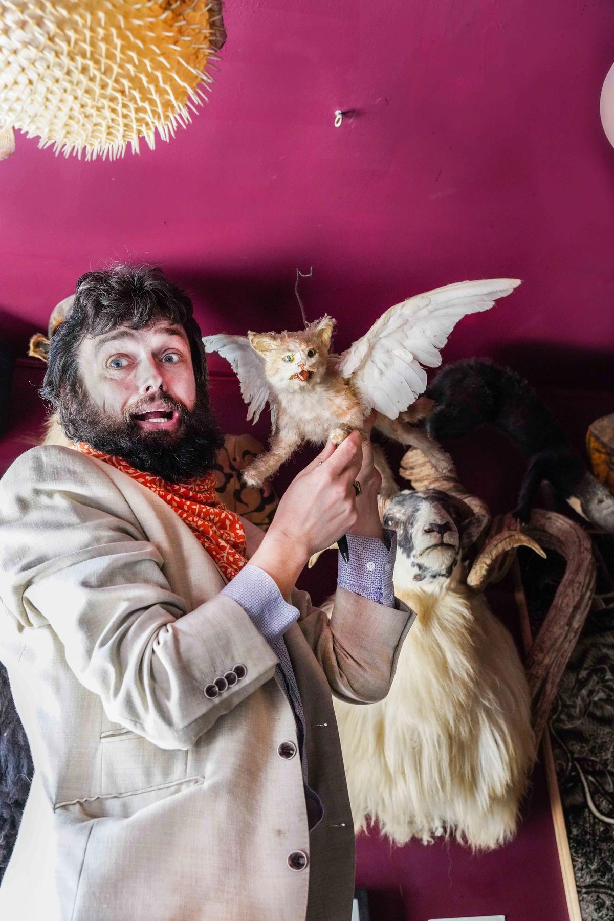 Viktor Wynd and his taxidermy flying kitten Courtesy of Chiswick Auctions