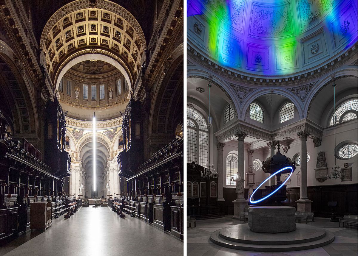 London landmarks: Pablo Valbuena's Aura (2023), a column of interactive light hanging under the transept of St Paul's Cathedral, and Moritz Waldemeyer's Halo (2023), based on a slowly rotating pendulum at St Stephen Walbrook London Design Festival. Supported by Bloomberg Philanthropies. Photographs: © Ed Reeve