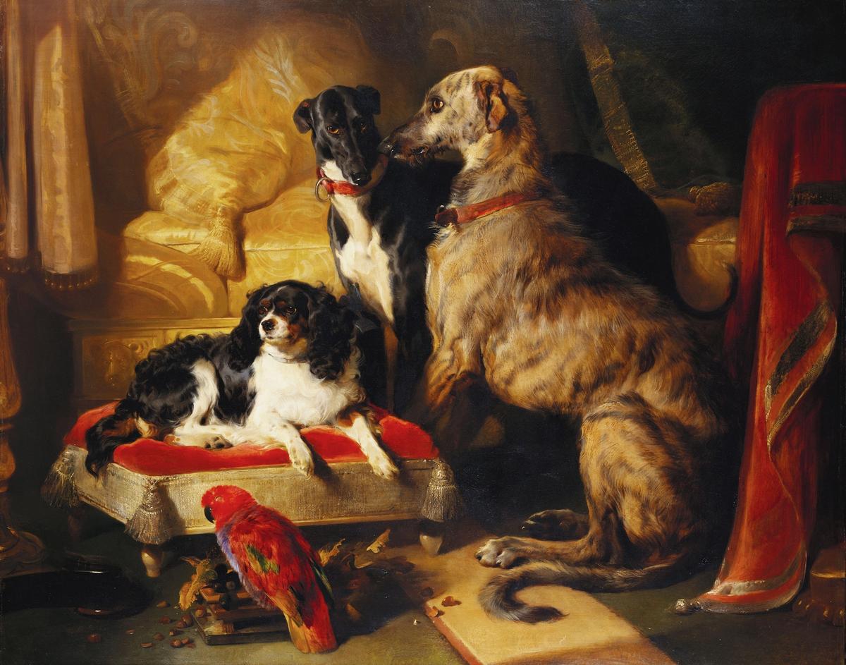 Edwin Landseer's Hector, Nero and Dash with the Parrot Lory (1838) Royal Collection Trust / © His Majesty King Charles III 2023