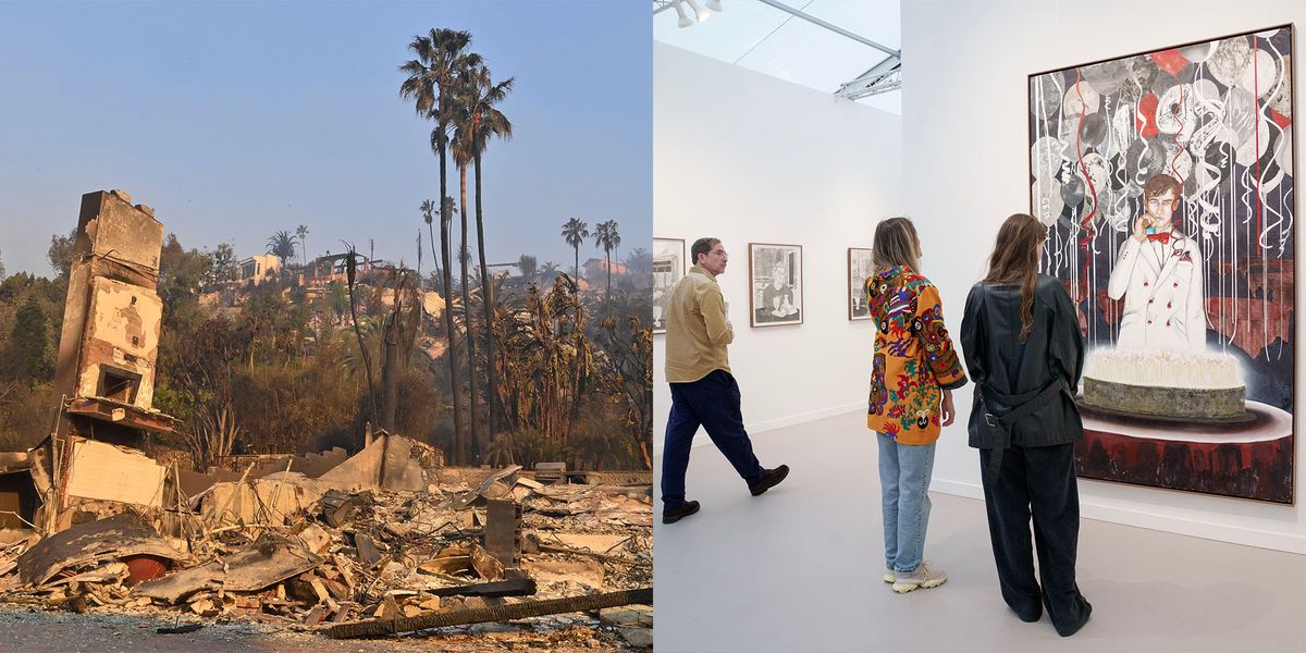 Left: a home along the Pacific Coast Highway that was destroyed by the Palisades fire. Right: visitors at the 2024 edition of Frieze Los Angeles. Palisades photo by Jim Ruymen/UPI Credit: UPI / Alamy Stock Photo. Frieze Los Angeles photo by Eric Thayer.