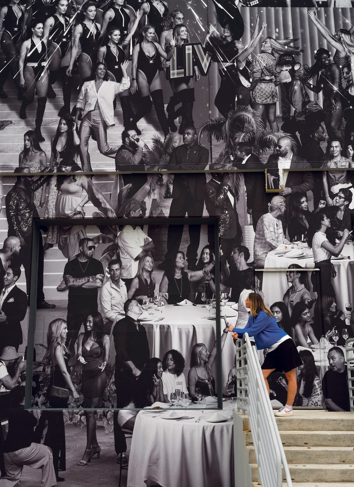 Part of JR’s huge mural The Chronicles of Miami, in the Design District. The artist created the work, part of a series that was inspired by the Mexican muralist Diego Rivera, by photographing small groups of Miami residents and montaging the results Photo: © Oriol Tarridas Photography