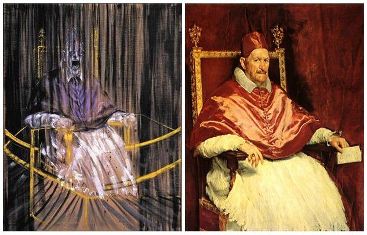 Despite his recreations of it (lef), Francis Bacon never saw Velázquez’s masterpiece (right)—even though he visited Rome in 1954