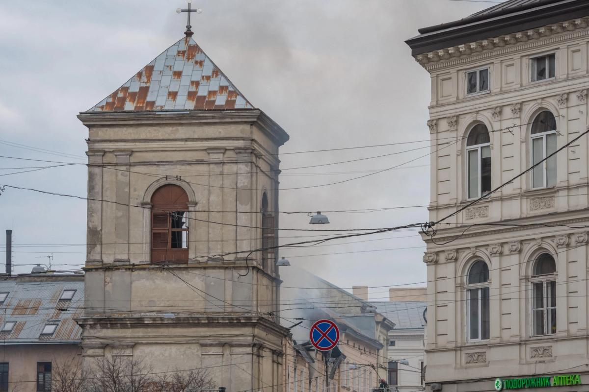 Smoke billows from the Bernardine Monastery after a drone strike on 24 March
Photo: Olena Znak/SOPA Images/Sipa USA