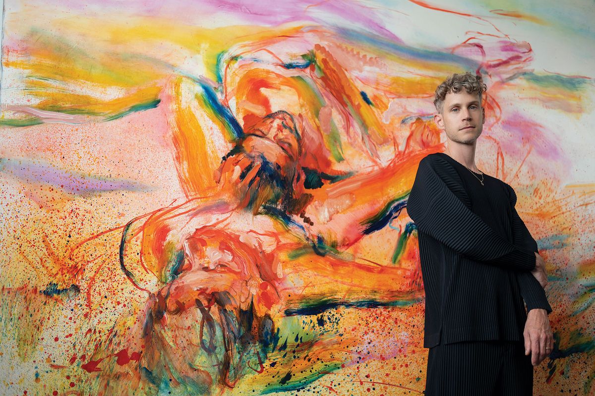 Doron Langberg in front of his 2021 painting In My Lap, which can been seen in his solo show at Victoria Miro gallery Photo: © Nir Arieli