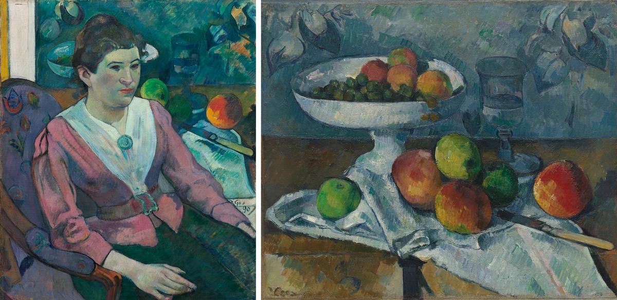 Cezanne's Still life with Fruit Dish (1879-80, right), was once owned by Paul Gauguin, who included the painting in the background of his own work Woman in front of a Still life by Cezanne (1890, left) Cezanne: courtesy of the Museum of Modern Art, New York; Gauguin: courtesy of the Art Institute of Chicago
