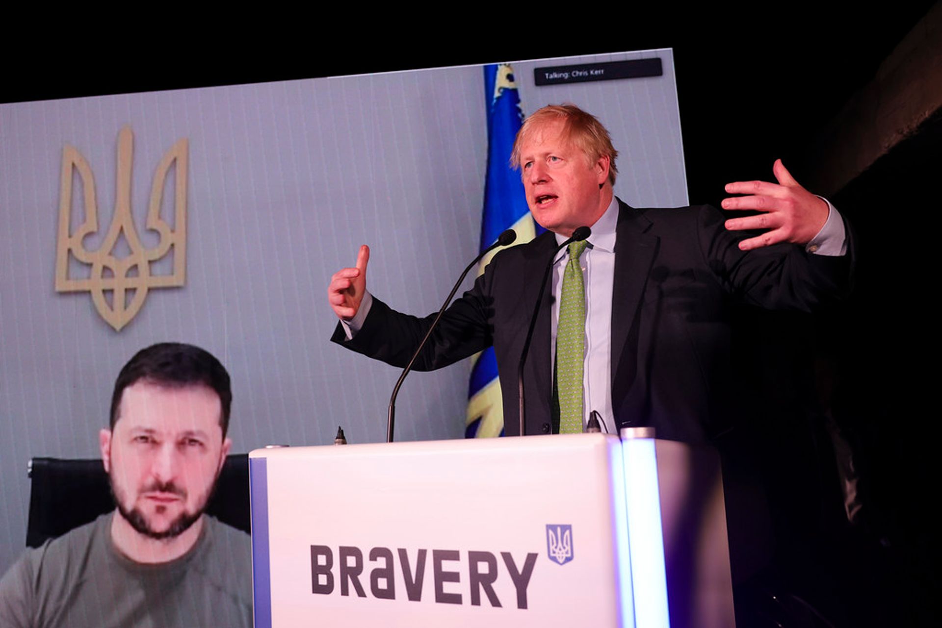 Prime Minister Boris Johnson gave a speech at the Brave Ukraine event while President Volodymyr Zelensky appeared by video screen Photo: Simon Dawson / No 10 Downing Street