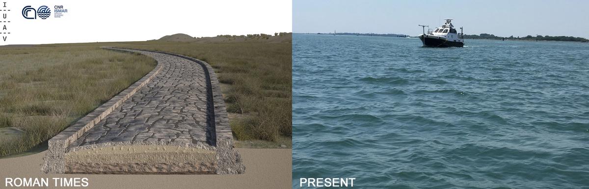 A rendering of the Roman Road (left) in the Treporti Channel of the Venice Lagoon, made on the basis of the multibeam data, and the same area now submerged Credit: Antonio Calandriello and Giuseppe D'Acunto (rendering), and Fantina Madricardo (photo)