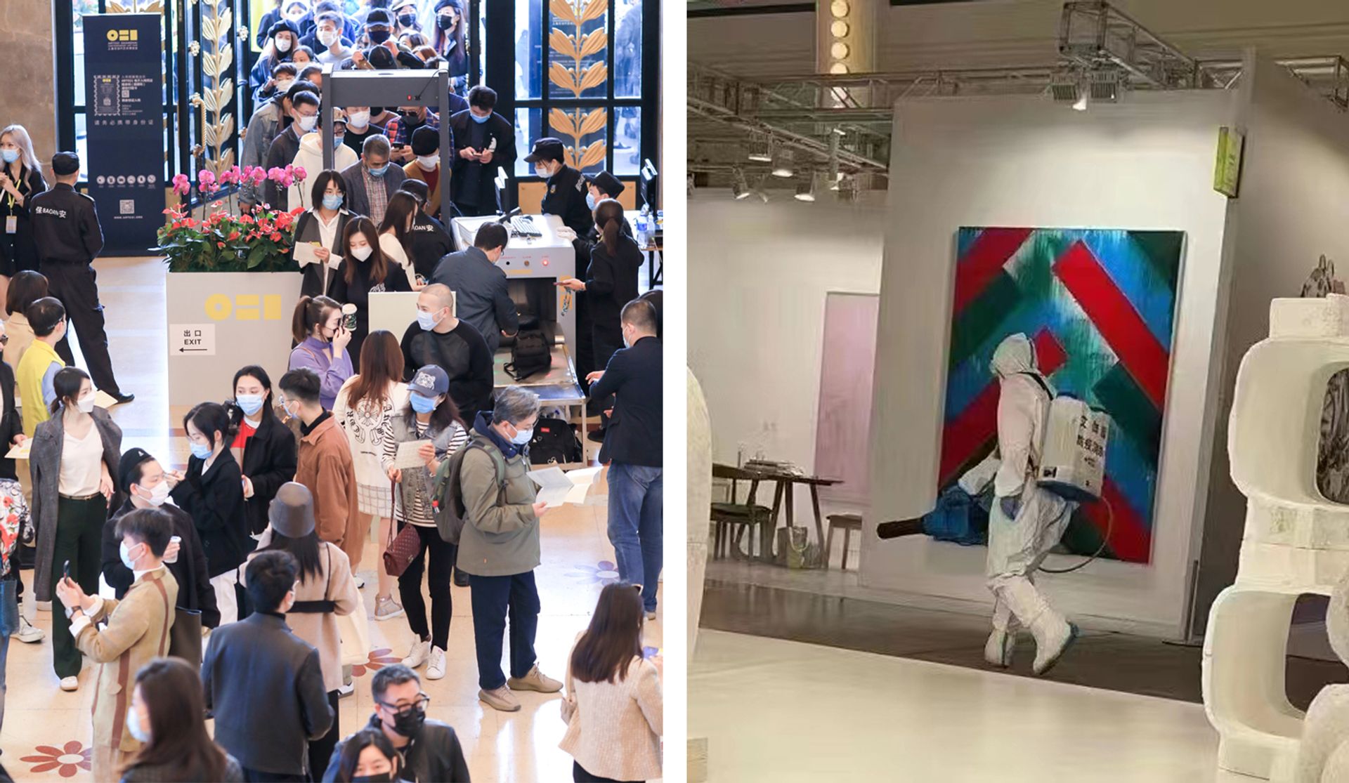 Crowds which gathered yesterday at Art021 Shanghai (pictured left) were evacuated today for a sudden disinfection of the entire site (pictured right). L: Courtesy of Art021; R: Wechat