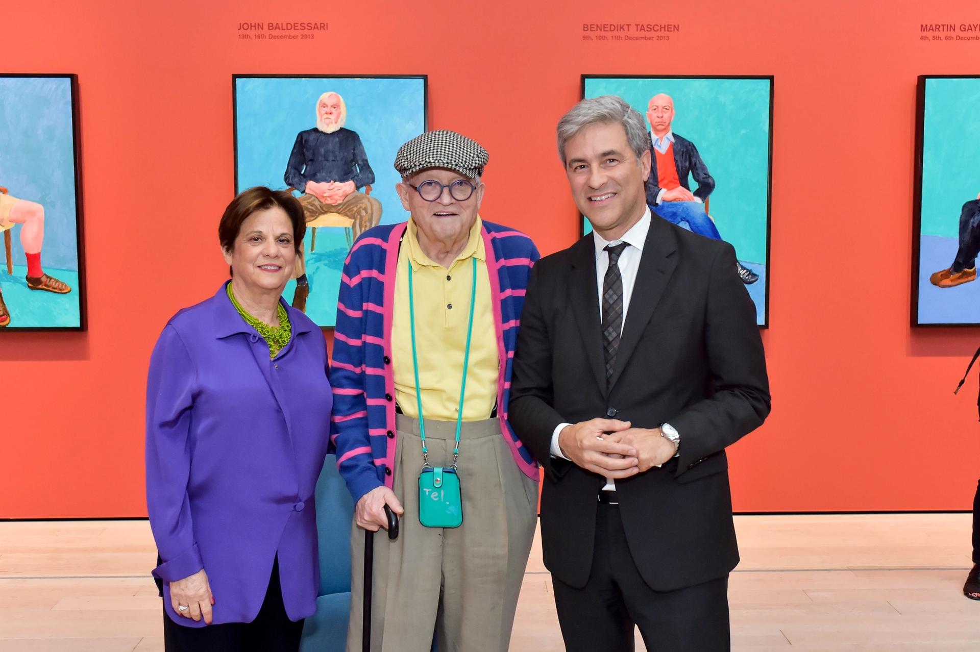 David Hockney, centre, with Lacma's curator Stephanie Barron and director Michael Govan Photos by Stefanie Keenan (c) Museum Associates/LACMA