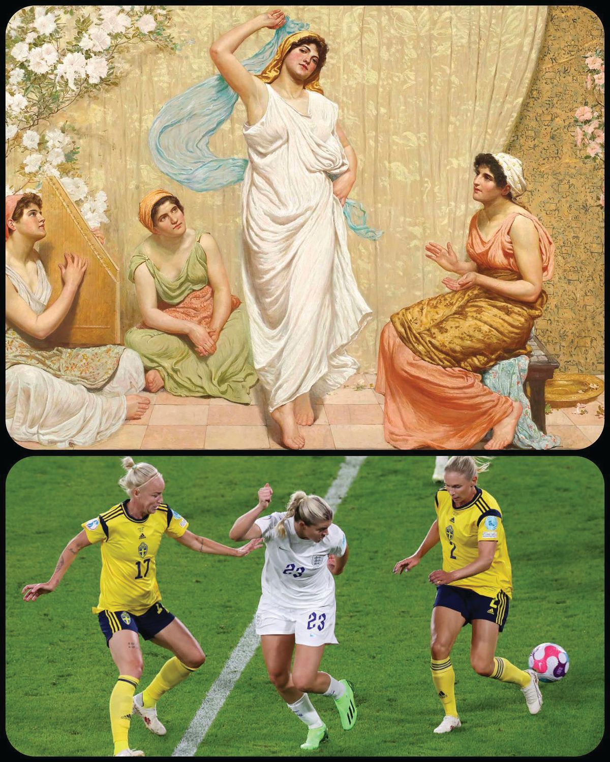 Striking a pose: for his Art But Make It Sports Instagram account, L.J. Rader paired Robert Fowler’s Dance of Salome (1885) with an image of the England football player Alessia Russo’s stunning backheeled goal against Sweden in the Women’s Euros semi-final earlier this year
Robert Fowler; Dance of Salome; 1885; Photo: © BarclaysWSL. credit: @artbutmakeitsports