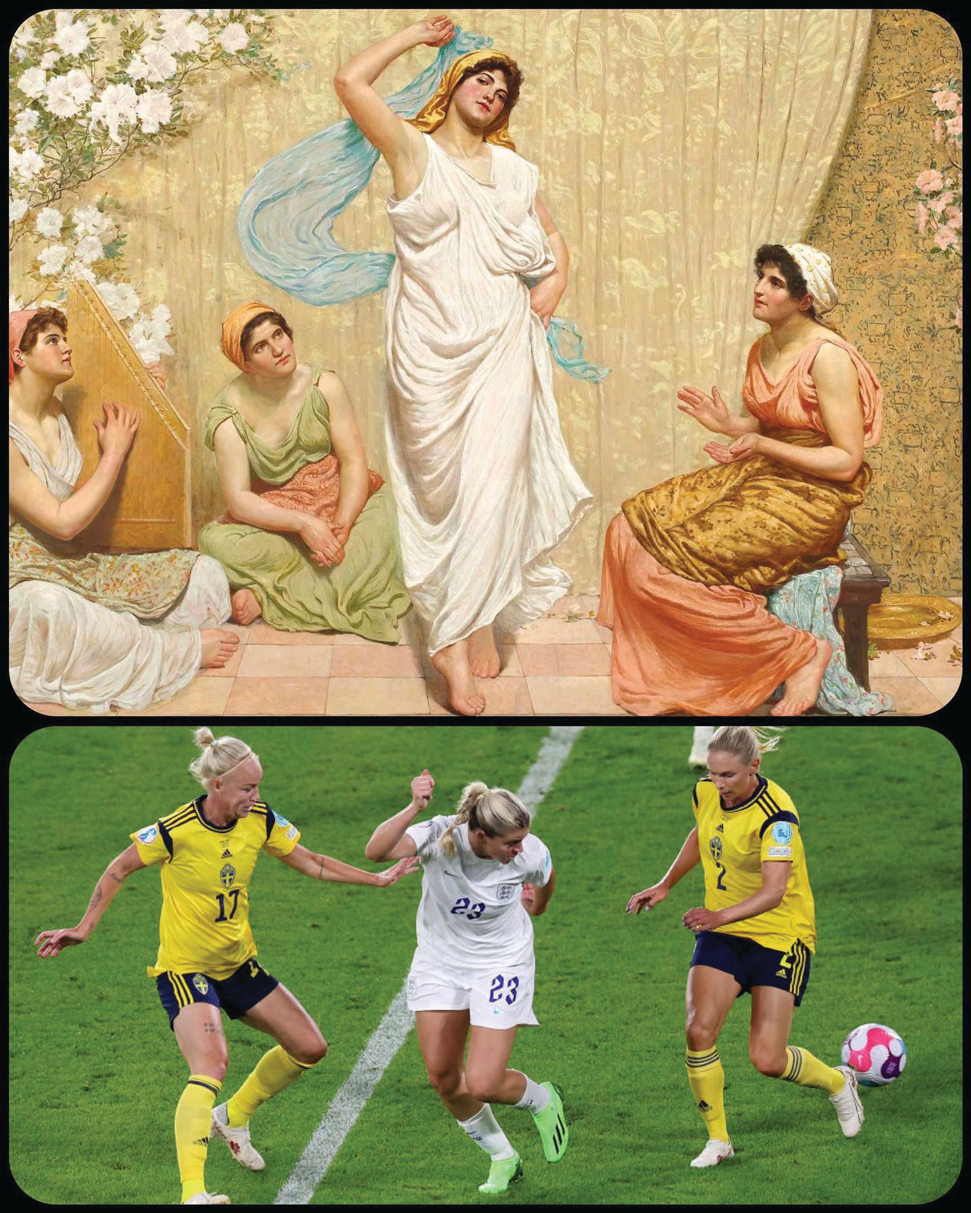 Striking a pose: for his Art But Make It Sports Instagram account, L.J. Rader paired Robert Fowler’s Dance of Salome (1885) with an image of the England football player Alessia Russo’s stunning backheeled goal against Sweden in the Women’s Euros semi-final earlier this year

Robert Fowler; Dance of Salome; 1885; Photo: © BarclaysWSL. credit: @artbutmakeitsports
