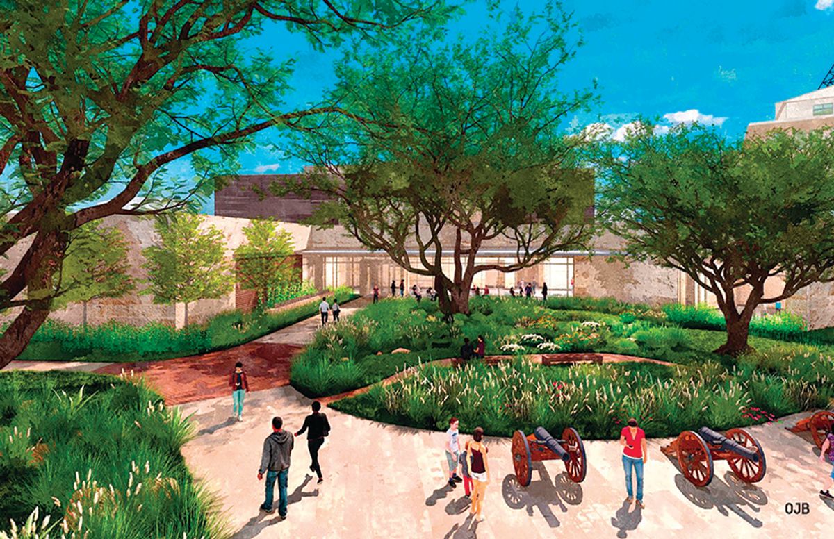 A rendering of how the planned new Alamo exhibition hall will look. The new building would sit alongside the Unesco-listed Alamo Mission fortress compound that was at the centre of the Texas Revolution battle in 1836
© Alamo Trust, Inc