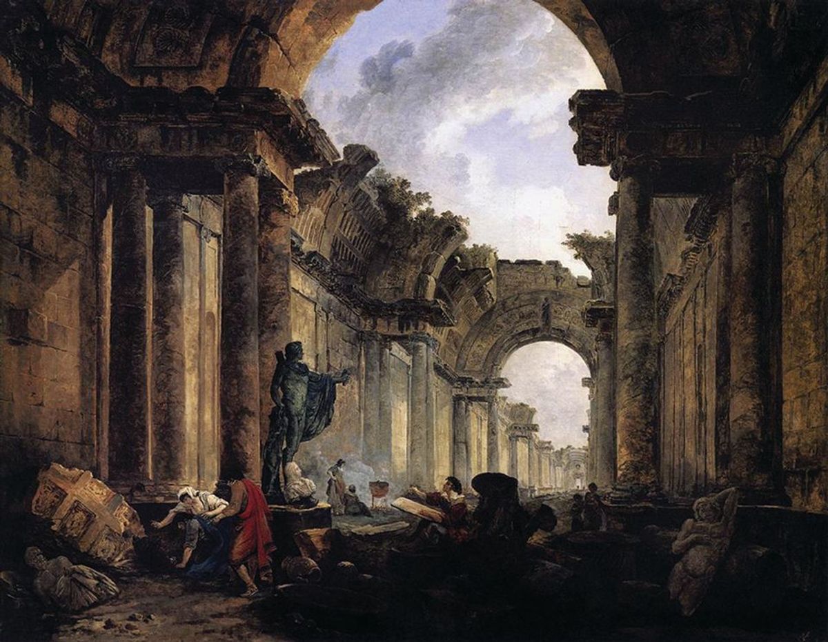 Climate apocalypse will hit museums too: Hubert Robert’s Imaginary View of the Grande Galerie in the Louvre in Ruins (1796) © Musée du Louvre